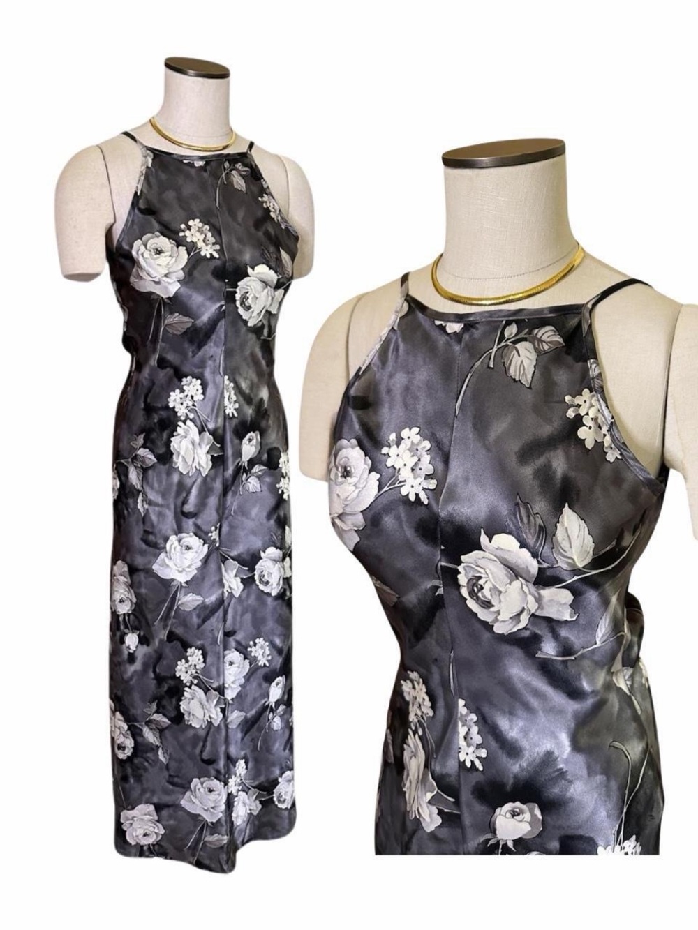 Vintage Y2K Black Grey Satin Maxi Dress with White Floral Print